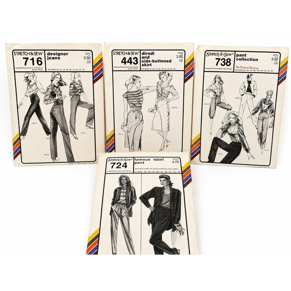 Vintage Stretch & Sew Sewing Pattern Lot of 4 Ann Person 1980s Pants Jeans Skirt